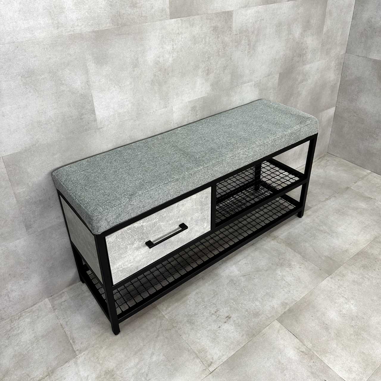 Банкетка з м'яким сидінням, шухлядою та полицями для взуття