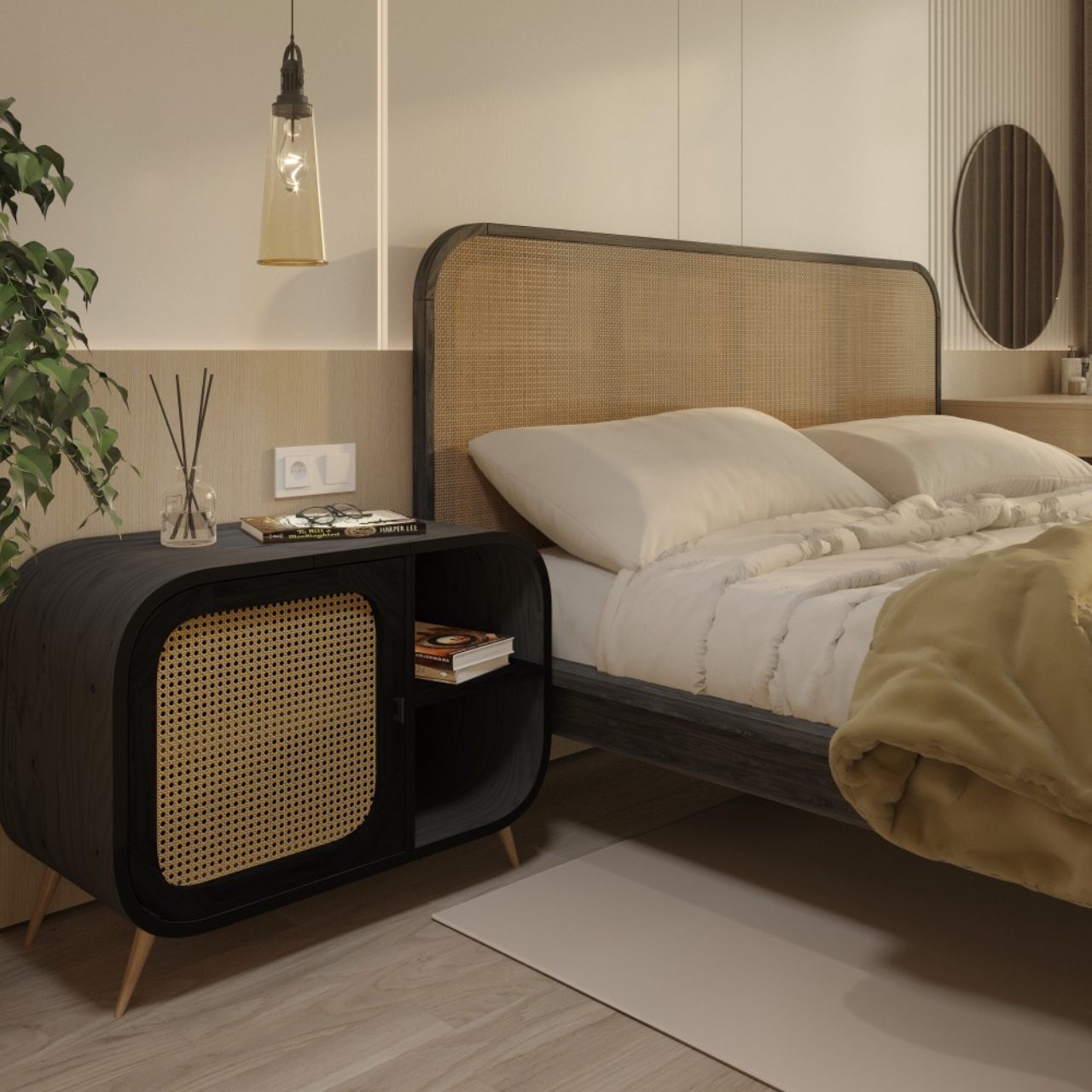 Чорна приліжкова тумба Teneta XL з ротангом